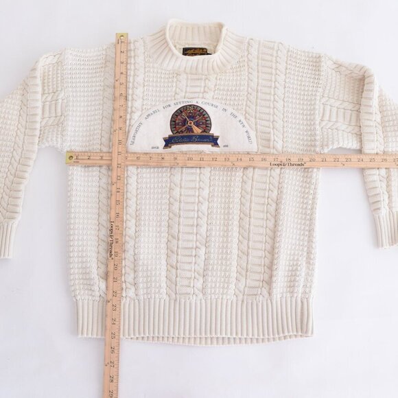 Vintage 90S Eddie Bauer Cream Cable Knit Nautical Mock Neck Sweater Medium - Picture 3 of 10